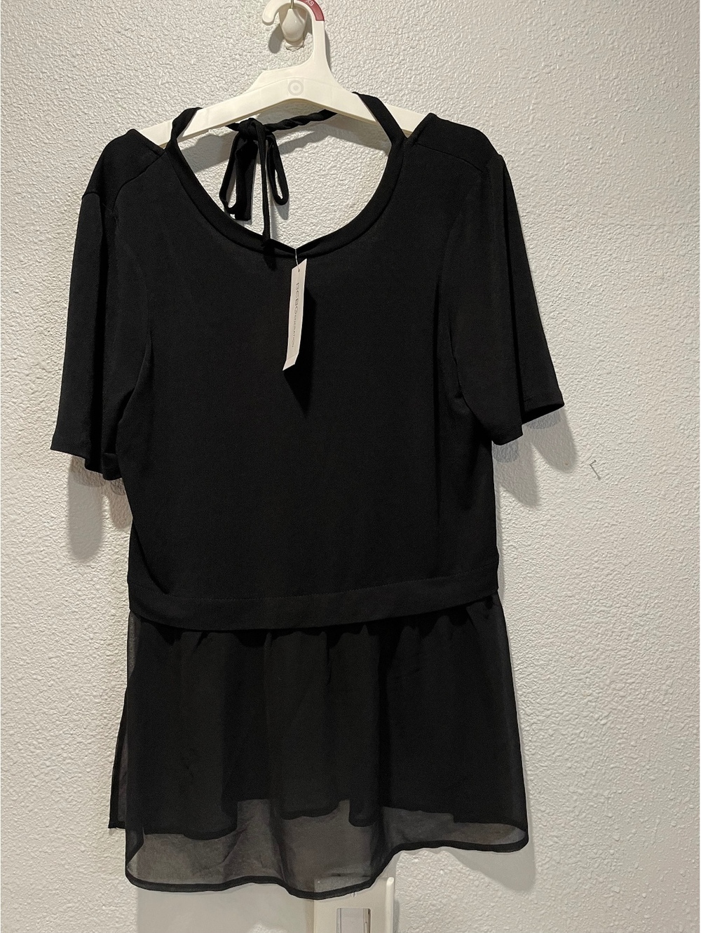 BCBGeneration Black Scoop Neck Short Sleeve Top with Sheer R